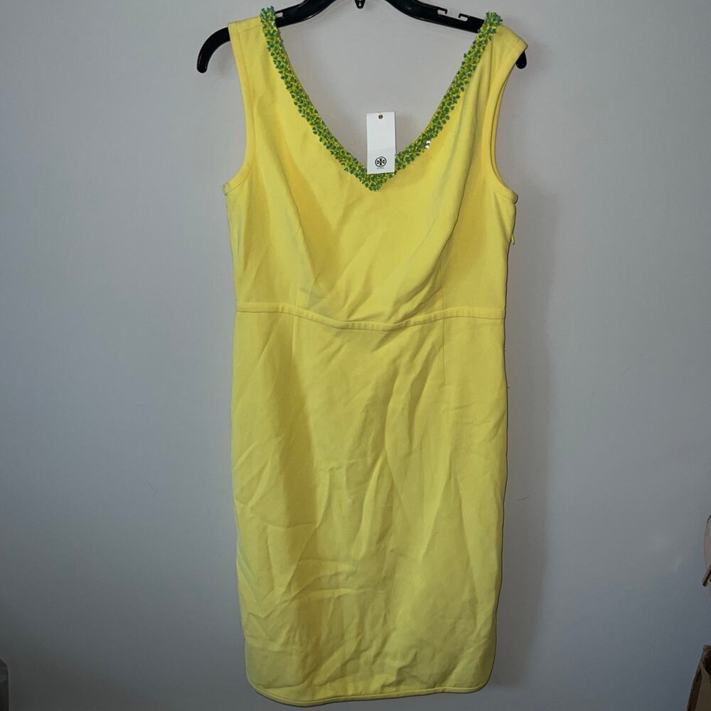 New Tory Burch beaded dress lemon curd 12 sleeveless $495 teal aqua yellow nwt